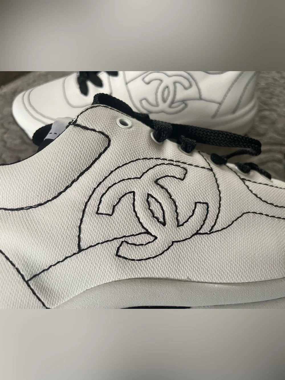 CHANEL White and Black Lace-Up Runner Sneakers
